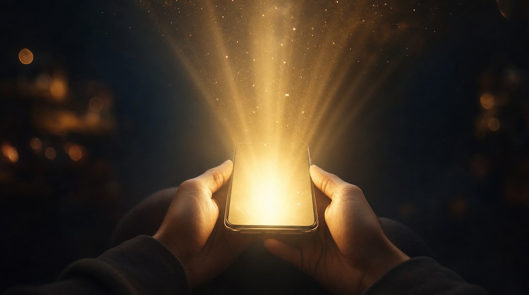 Mãos segurando um celular sob luz quente — o conteúdo do consultório sob o comando do próprio terapeuta.