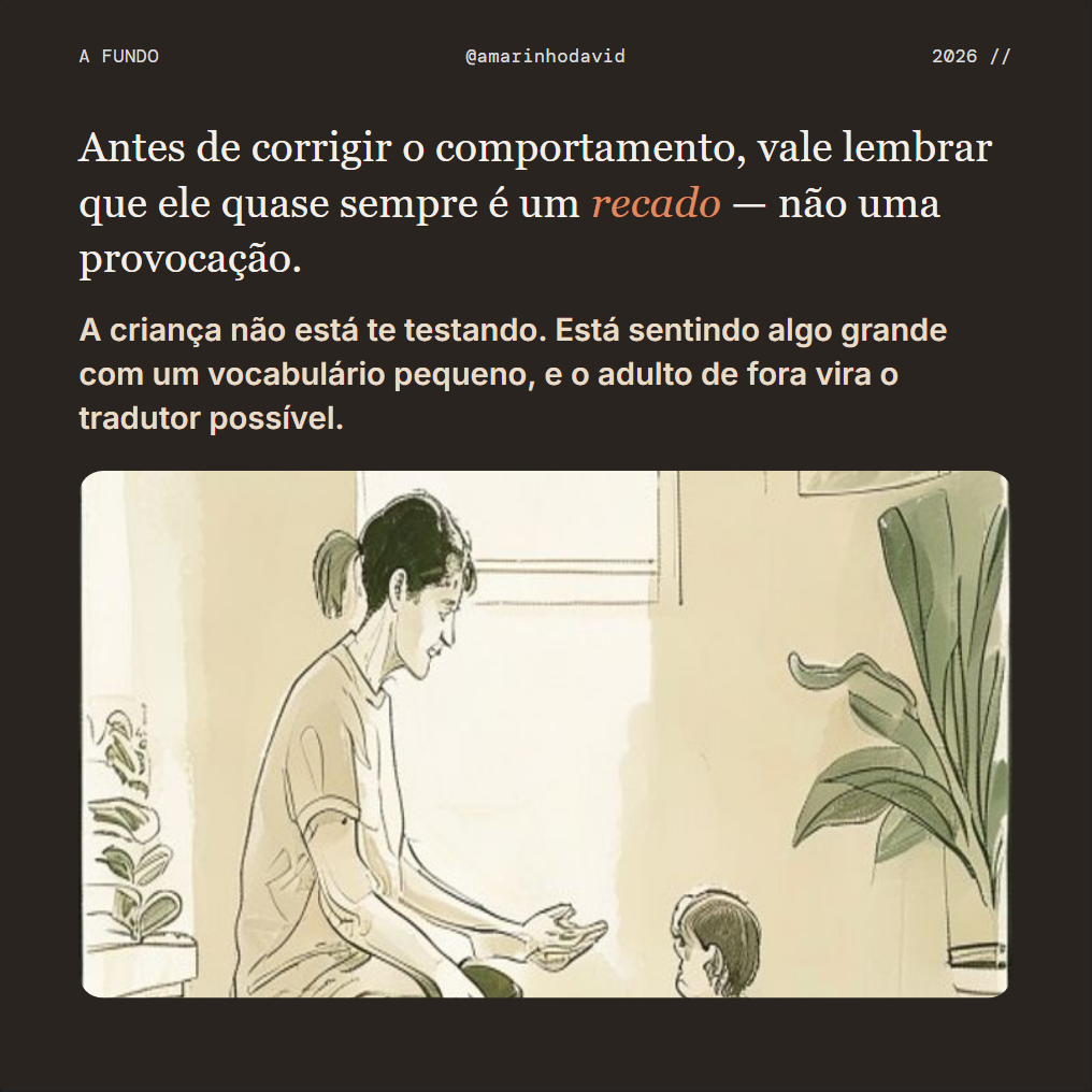 Slide 3 de 10, Ilustrado: doodle de um adulto agachado no nível dos olhos de uma criança, fundo espresso quente, texto sóbrio.