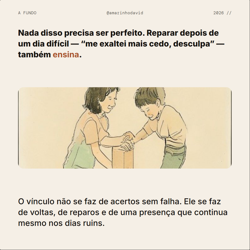 Slide 8 de 10, Ilustrado: doodle de adulto e criança remontando uma torre de blocos, fundo creme, traço acolhedor.
