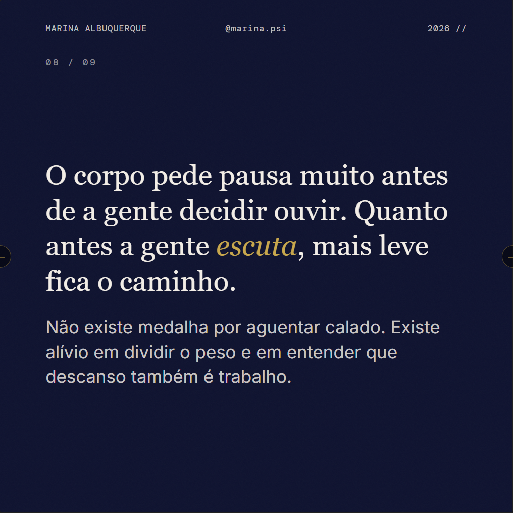 Slide 9 de 10, Minimal: convite ao cuidado, tom calmo, sem promessa de cura.